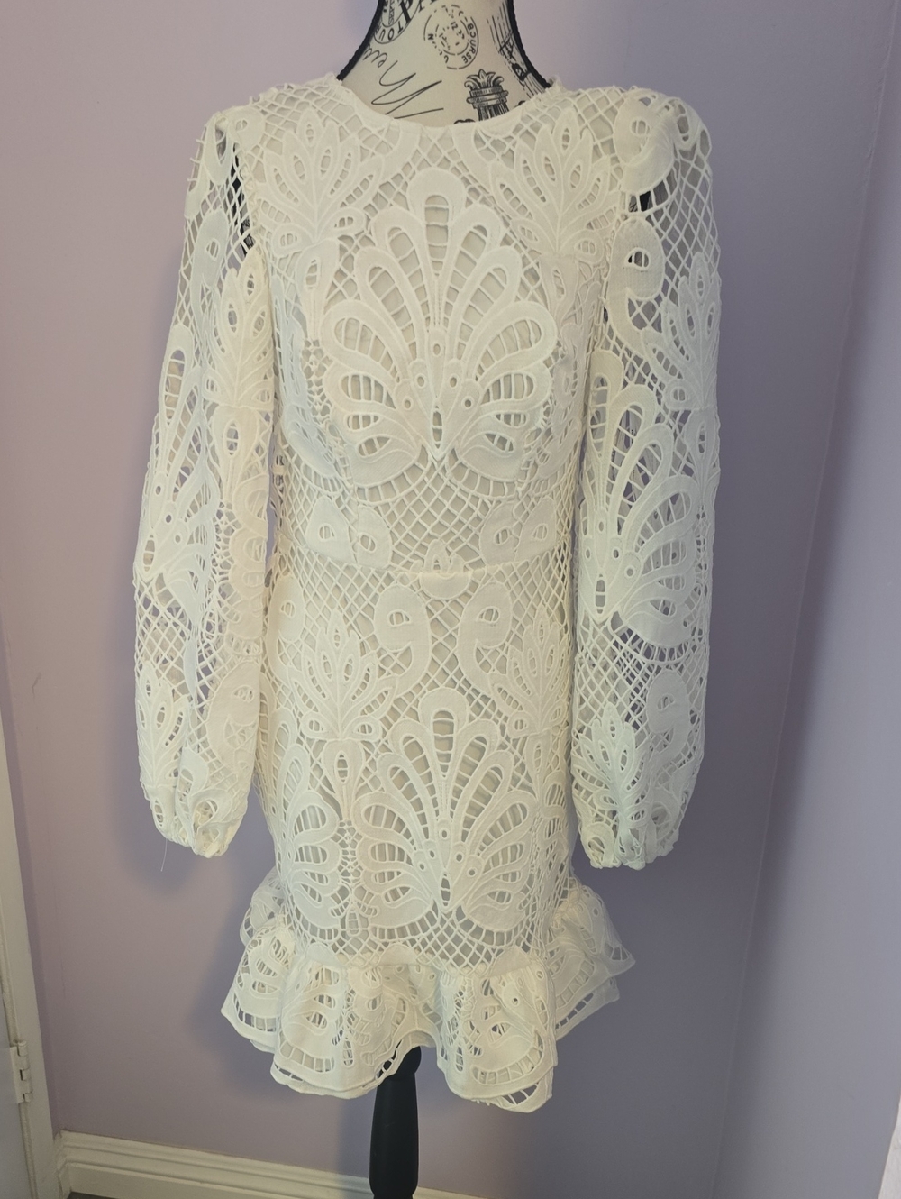 NWOT..White Crochet Lace Long-Sleeve Ruffle-Hem Dress